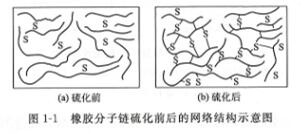 橡胶分子链硫化前后的网络结构示意图